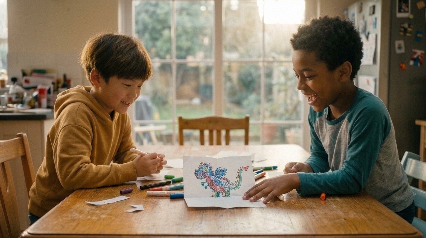 Two kids drawing together at a kitchen table