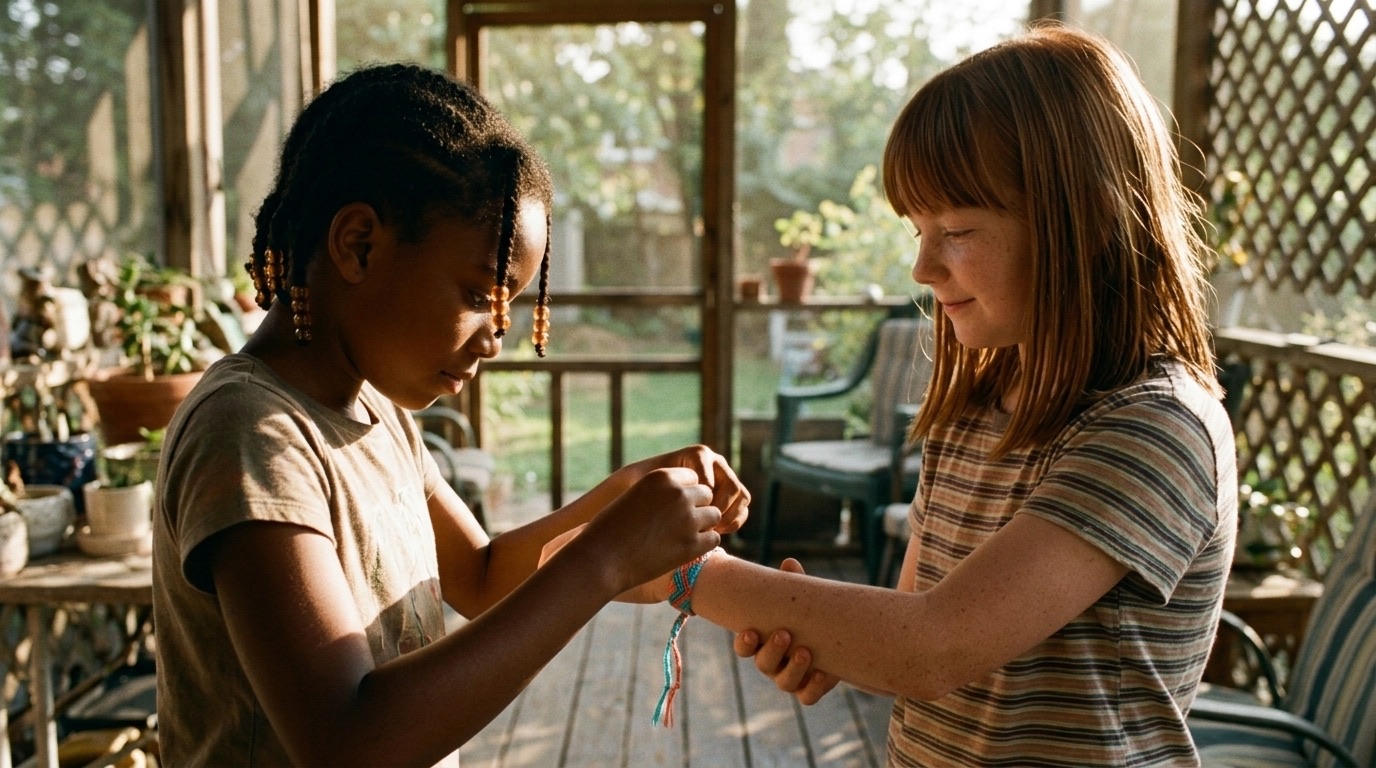 Two girls tying a friendship bracelet on a porch