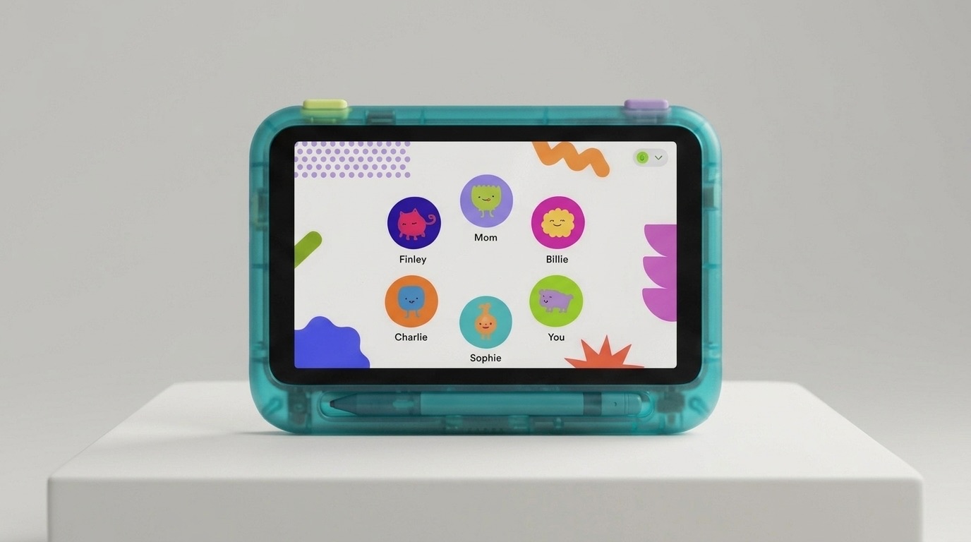 Concept render of the Kite device on a white plinth, showing friends' avatars on its home screen